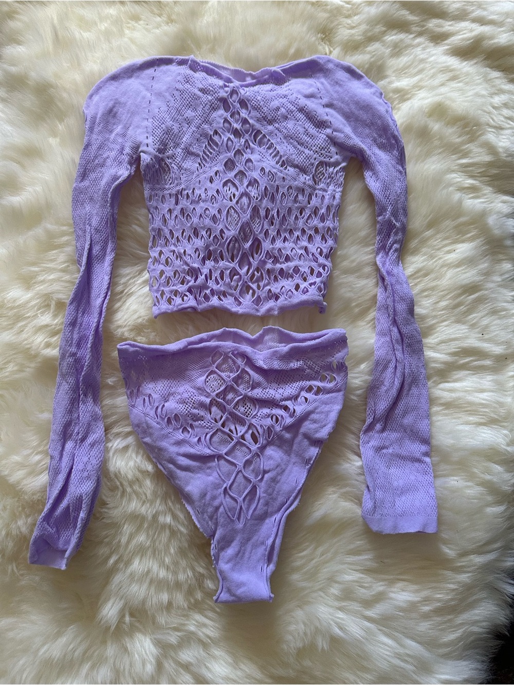 Lilac Fishnet 2-Piece Festival Set Mesh Rave Crop Top & High-Waist Bottom